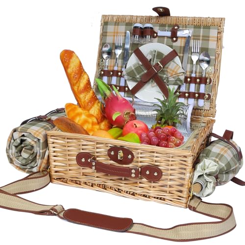 Picnic Basket for 2 with Blanket, Willow Picnic Basket Set with Shoulder Strap&Wine Pouch, Large Willow Hamper with Insulated Cooler for Outdoor, Camping, Beach, Couples, Wedding Gift - color: Green and Yellow Grid