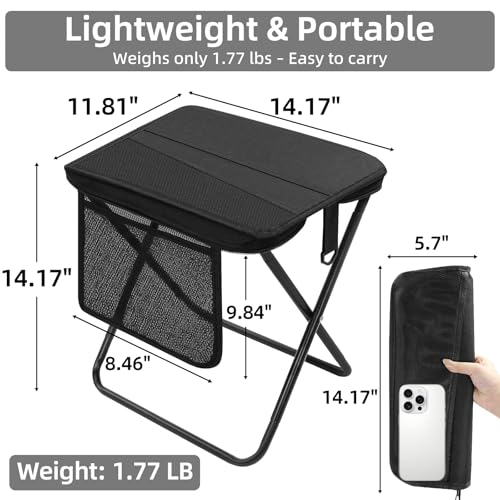 Portable Folding Camp Stool with Side Pocket, Taller Foldable Camping Stool for Adults, Metal Backpacking Stool Lightweight Mini Folding Chair, Compact Camping Seat Travel Fishing Hiking Mobile Chair