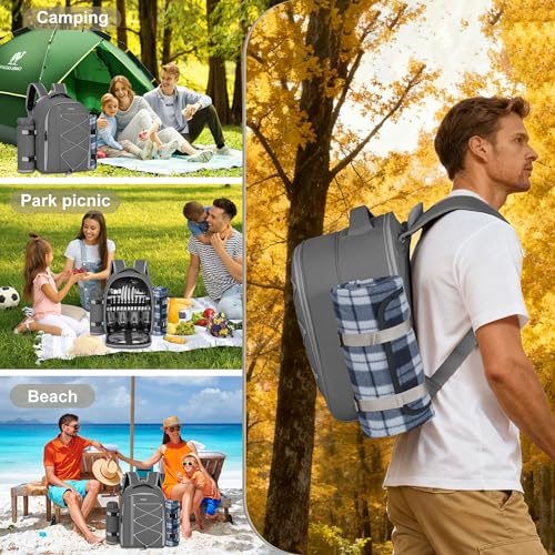 Picnic Backpack for 4 Persons with Insulated Leakproof Cooler Compartment, Cutlery Sets, Wine Holder, Fleece Blanket, Wedding Gifts for Couples, Perfect for Beach, Camping, Hiking, Grey - color: Gray