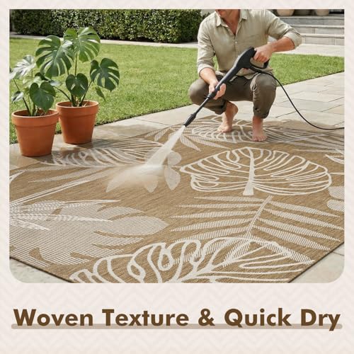MontVoo-Outdoor Rug-Patio Rug 5x7 ft Polypropylene Indoor Outdoor Rugs Outdoor Carpet for Patio Deck Balcony Porch, Textured Weave, Durable for High Traffic, Fade-Resistant, Tropical Neutral Brown - color: Brown Tropical, size: 5' x 7' (Rectangular)