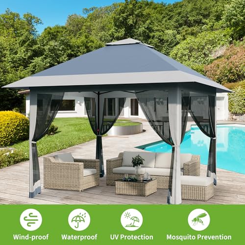 13X13 Pop Up Gazebo,Outdoor Canopy Tent with Mosquito Netting, Double Vented Roof Sun Shelter with Adjustable Heights,Outdoor Gazebo for Backyard & Patio Furniture.（Navy Blue-Four Sides gazebos） - color: Navy blue + heather gray