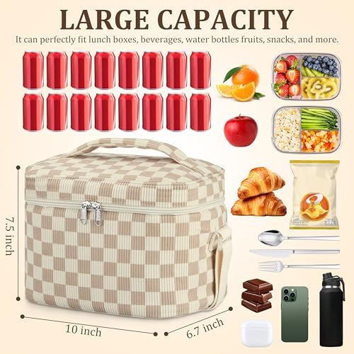 TESAFNG Insulated Lunch Bag for Women, Cute Corduroy Reusable Lunch Box for Adult, Leakproof Cooler Bag for Work Office Travel Picnic, Lunch Tote Bag with Adjustable Shoulder Strap (Checkered Khaki) - color: Checkered Khaki