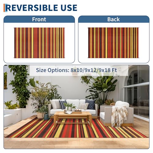 GarveeHome 8x10 Outdoor Rug Geometric Striped Plastic Straw Outdoor Rugs Modern Colorful Lines Reversible Patio Carpets Portable Outside Accent Carpet for Trailer RV Beach Picnic, Red Orange Yellow - color: Geometric Stripes| Red Orange Yellow, size: 8' x