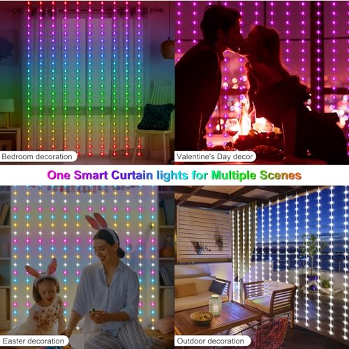 echosari Smart Curtain Lights 6.6 x 9.8Ft 16 Million Colors Changing 300 LED Fairy Curtain Lights DIY Functions with Remote APP Hanging Light for Patio Bedroom Decor - color: Smart RGB, size: 9.8Ft x 9.8Ft