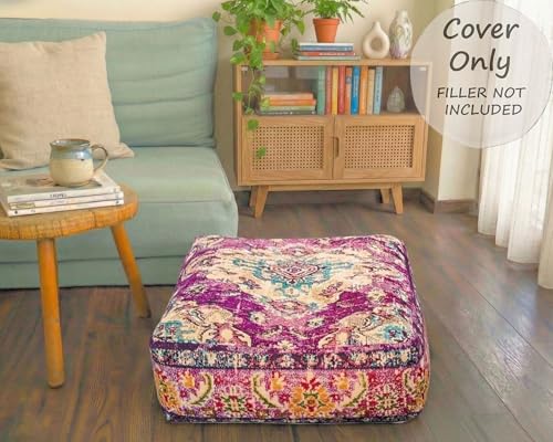 Mandala Life ART Moroccan Floor Cushion Cover Purple Square Large Meditation Pillow Case Moroccan Décor Pouf Ottoman Perfect for Living Room, Bedroom, Nursary or Children Room unstuffed - color: Purple