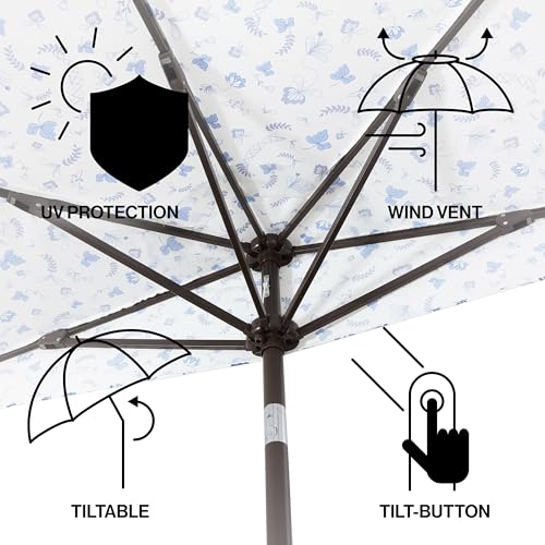 JONATHAN Y Half Umbrella UMB1201G Beverly 9 ft. Designer Classic Scalloped Fringe Market Patio with Crank, Push Button Tilt and UV Protection in Blue/White/Cream - color: Blue/White