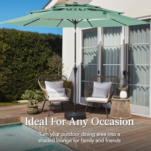 Best Choice Products 10ft 3-Tier Market Patio Umbrella, Outdoor Sun Shade with Tilt, Crank Lift, 8 Ribs for Backyard, Deck, Poolside - color: Seaglass