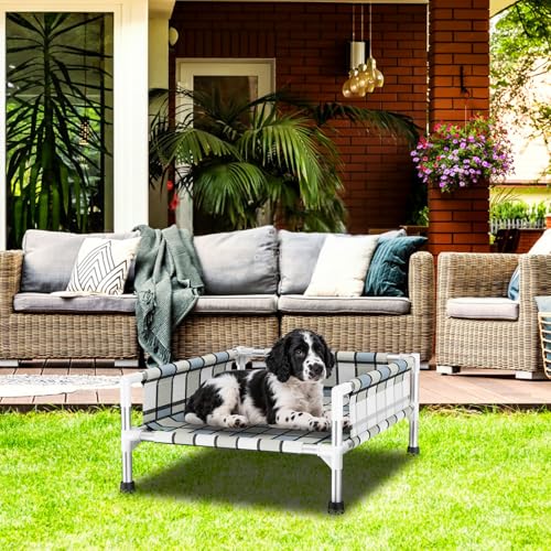 Elevated Raised Outdoor Dog Bed - Cooling Washable Dog Cot with Guardrail, Durable & Breathable Cotton Mesh Pet Hammock Beds with Stainless Steel Pipe Frame for Small Pets (20'' x 20'' x 12'') - size: 20'' x 20'' x 12''