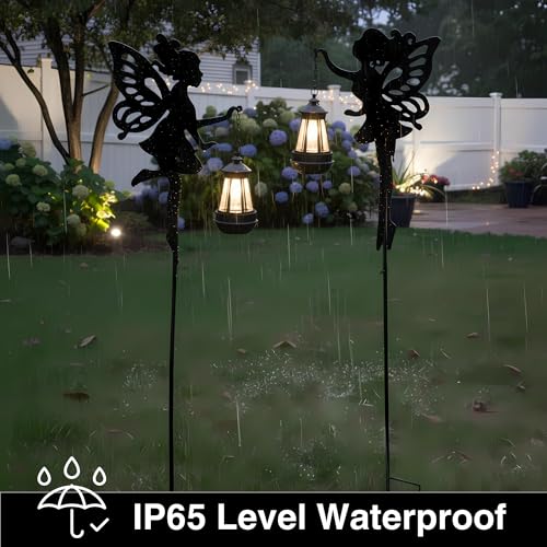 Solar Fairy Garden Accessories Outdoor 1 Pair - Metal Stakes Decorative Figurines Housewarming Ornament for Patio, Lawn, Yard, Pathway - Unique Gift Ideas for Mom Grandma (Warm Lighting)