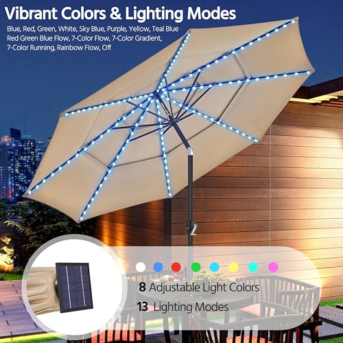 Yaheetech 10ft 3-Tier Solar Patio Umbrella, Outdoor Market Umbrella w/ 24 LED Lights, 8 Sturdy Ribs, Tilt Adjustment, Easy Crank for Garden, Deck, Tan - color: Tan