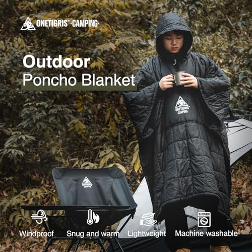 ONETIGRIS Camping Blanket Poncho with with Recycled Synthetic Insulation,Wearable Hoodie Blanket | Ultralight Water-Resistant Warm Camping Blanket for Outdoor, Hiking, Stadium - color: 1pc-black