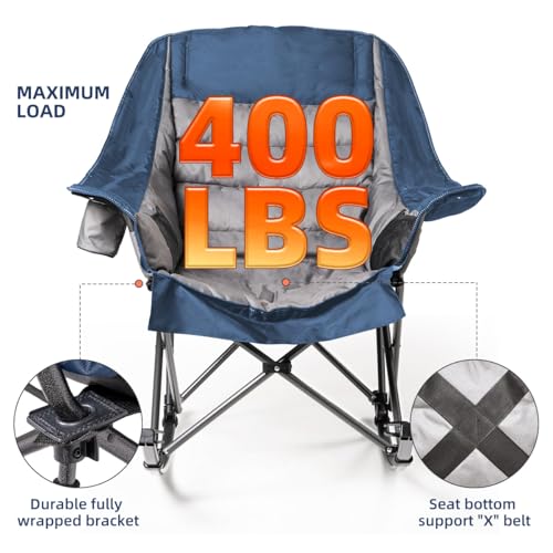 Oversized Rocking Camping Chair for Adults - 400lbs Capacity Padded Camp Chair with Cup Holder, Portable Foldable Outdoor Rocker Chair for Camping, Backyard, Patio (Blue & Gray) - color: Blue & Gray, size: 1 PCS