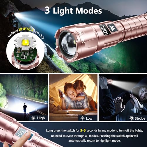 WdtPro LED Rechargeable Flashlight 2 Pack, 3 Modes Super Bright High Lumens Flashlights, Zoomable Tactical Flash Light with LCD Display, IP65 Waterproof Flashlights for Home Emergency Camping - Pink - color: Pink