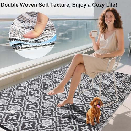 Alfolo Outdoor Rug Waterproof 4x6 Outdoor Mat Small Porch Balcony Rug,Reversible Plastic Straw Rug for Camping Black and White Outdoor Mats for Patio, Deck, RV, Camping, Beach, Backyard - color: Black&gray, size: 4' x 6' (Rectangular)