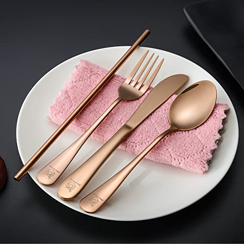 Boulder Bee Travel Utensils | Reusable Camping Cutlery | Stainless Steel Flatware | Portable Silverware Set with Case | Includes Knife/Fork/Spoon/Straw/Cleaning Cloth (Rose Gold) - color: Rose Gold