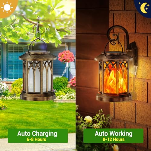 KOOPER 4 Pack Solar Lanterns Outdoor Waterproof, Upgraded Flickering Flame Solar Lantern Lights, Auto On/Off Lanterns Decorative Outdoor, Outdoor Hanging Lantern for Yard Garden Table Decor (Bronze ) - size: 4 Pack, style: Flame