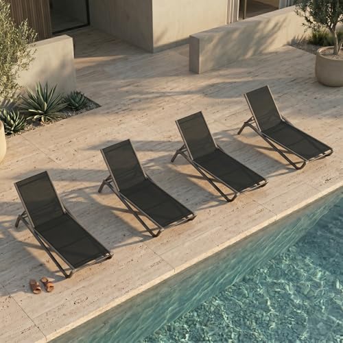 Patio Chaise Lounge Chairs Set of 4, All-Weather Aluminum Pool Loungers for Outside, 5-Position Adjustable Sunbathing Chairs for Tanning, Stackable for Backyard, Poolside, Black - color: Black, size: Set of 4