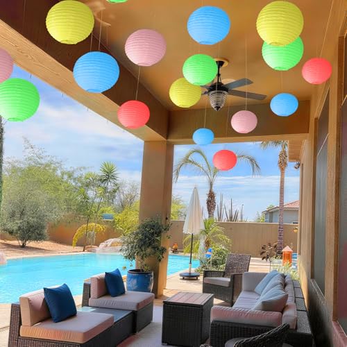 KNONEW 20 Pack 10" Multicolor Outdoor Silk Lanterns Decorative Party Waterprooof Chinese Hanging Round Lanterns for Weddings, Birthdays, Parties Decoration (No Light Bulbs Included) - color: Mixed colors, size: 20Pcs