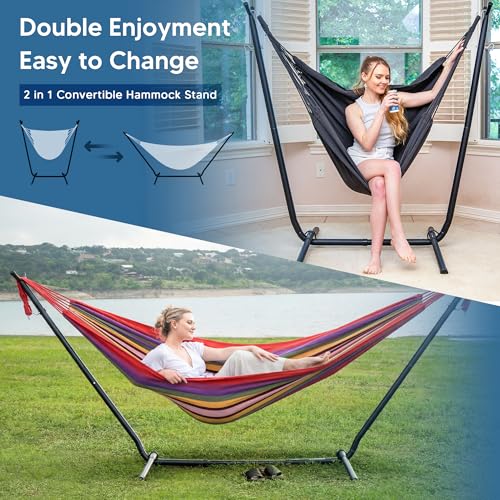 SUNCREAT 2-in-1 Convertible Backyard Fabric Hammock with Stand, Large Hammocks for Outside, Red Stripes - color: A-red Stripes
