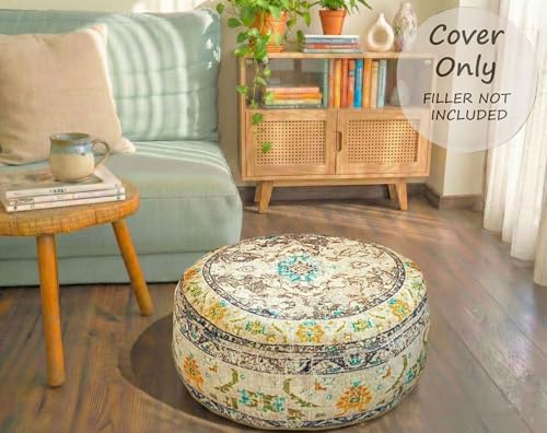 Mandala Life ART Bohemian Floor Cushion Cover Gray Round Meditation Pillow Case Boho Chic Pouf Ottoman Perfect Vintage Cushion for Living Room, Bedroom, Nursary or Children Room Cotton 24x8 Unstuffed - color: Grey