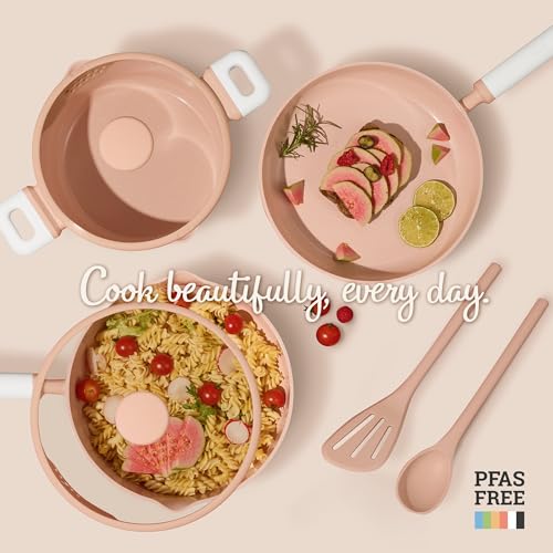 CAROTE Pots and Pans Set Nonstick, Ceramic Cookware Set, Pink Cooking Set Kitchen Induction Set with Steamer, PFAS PTFE Free,9 Piece - color: Pink, size: Stockpot