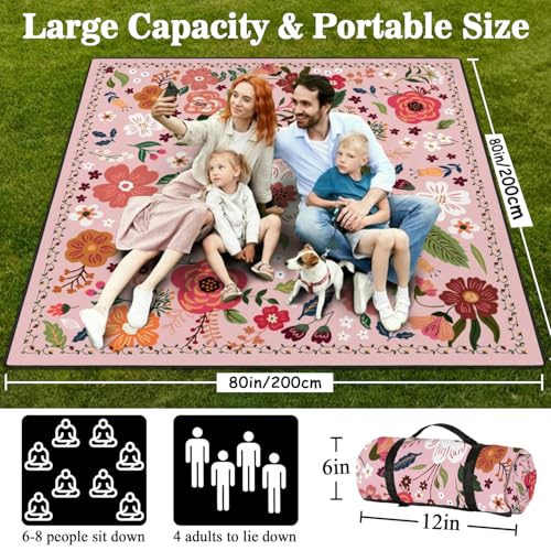 Picnic Blankets Waterproof Foldable Extra Large,80"x 80" Outdoor Beach Blanket Sandproof,3-Layer Lightweight Handy Mat Tote Picnic Camping Rugs for Outside Your Rv (Boho Vintage Floral Pink) - color: Picnic Blankets 13