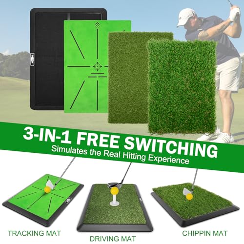 Golf Hitting Mat with Golf Tees - Golf Practice Mat for Swing Path Feedback Detection Batting, Golf Chipping Mat with Extra Replaceable No-Slip Pads for Indoor/Outdoor Training