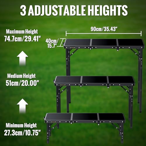 GARLLEN Folding Camping Table, 3 Adjustable Height Lightweight Folding Picnic Table, Aluminum Portable Foldable Outdoor Table for Grill, Camping, Grill, Threaded Install, 35.4" L x 15.7" W, Black - color: Black, size: Tabletop Size: 35.4"l X 15.7"w