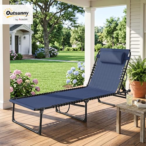 Outsunny Folding Chaise Lounge Chair, Patio Sun Tanning Chair, Outdoor Chaise Lounger with 4-Position Reclining Back, Breathable Mesh Seat for Beach, Poolside, Yard, Dark Blue - color: Dark Blue, size: 1 Pack