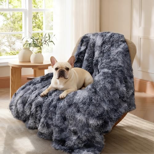 Luciphia Large Waterproof Dog Blanket Pet Washable Liquid Proof Furniture Protector Medium Shaggy Plush Calming Long Faux Fur Bed Cover for Couch Cat Blankets Kitten Doggy, Tie-dye Grey, 40" x 50" - color: Tie-dye Grey, size: 40"x50"