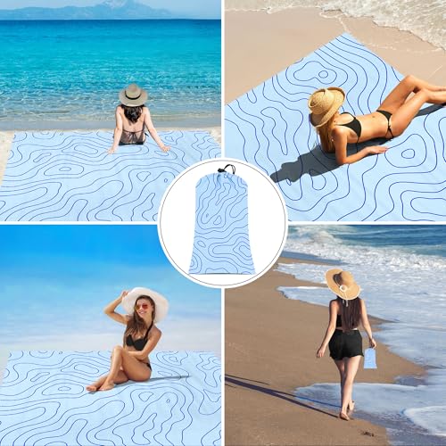 110''×118'' Beach Blanket for 2-8 Adults, Polyester Waterproof Sandproof Beach Mat with 4 Stakes & Storage Bag, Oversized Compact Foldable Blue Outdoor Pocket Blanket for Picnic, Travel, Camping - color: Blue Terrain, size: 9x10 FT (1～8 person)