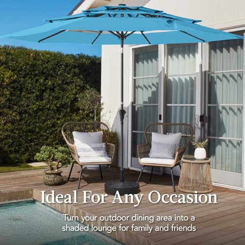 Best Choice Products 10ft 3-Tier Market Patio Umbrella, Outdoor Sun Shade with Tilt, Crank Lift, 8 Ribs for Backyard, Deck, Poolside - color: Sky Blue