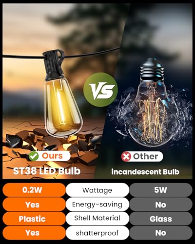 VOLIVO 100FT Outdoor String Lights for Patio, Waterproof Hanging Lights with 35+1 Shatterproof ST38 Edison Bulbs, Dimmable & Connectable Outside String Light for Backyard, Deck, Porch, Balcony - size: 100FT(35 Bulbs)