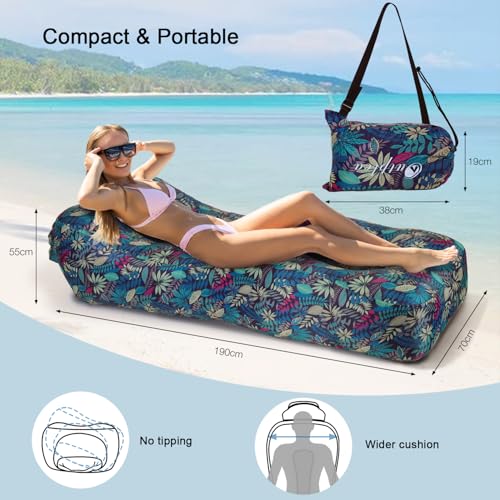 Inflatable Couch Air Lounger for Adults, Ultralight Portable Blow up Couch Air Sofa, Inflatable Beach Lounger Bed for Camping Hiking Festival Backyard Lawn, No Pump Required - color: Tropical Blue