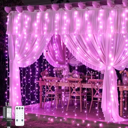 JMEXSUSS 300 LED Curtain Lights Plug in with Remote, Pink String Lights for Bedroom, Christmas, Window, Wall, Party, Teen, Girls' Room, Dorm, Valentine's Day Indoor Outdoor Decor, 9.8X9.8ft - color: Pink, size: 300 LED