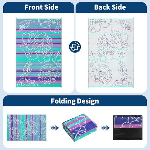 Garvee 10x14 Outdoor Waterproof Rug, Floral Outdoor Area Rug，Reversible Plastic Straw Patio Rug, Portable Camping Mat for RV, Picnic, Beach, Balcony, Garden & Camping Purple&Blue - color: Purpleblue, size: 10' x 14' (Rectangular)