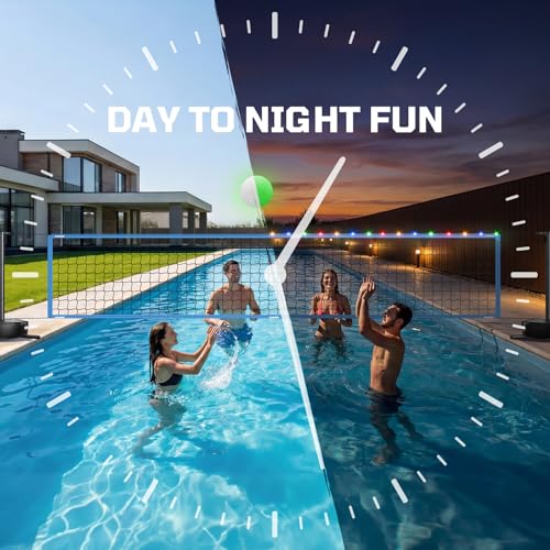 Haokelball LED Pool Volleyball Net Set, 15-32ft Adjustable Volleyball Net for Pool with Heavy Duty Base, Pool Volleyball Set for Inground Pools, Pool Toys & Pool Games for Kids & Adults, 2 Balls