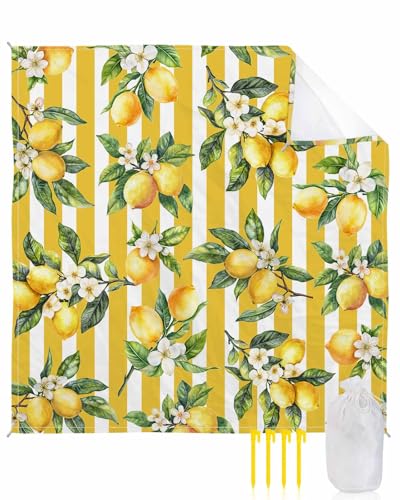 Lemon Beach Blanket Waterproof Sandproof 108"x84", Summer Yellow Stripes Oversized Beach Mat with 4 Corner Sand Pocket & 4 Stakes, Compact Outdoor Picnic Mat for Camping Travel Festivals - color: Yellow, size: 108"x84"