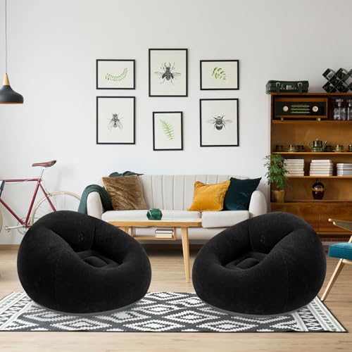 Realspring Inflatable Bean Bag Chairs Outdoor Blow up Camping Chairs Inflatable Lazy Sofa Folding Portable Bean Bag Loungers Couch for Movie Night(Black,2 Pcs) - color: Black