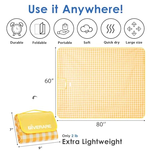 Picnic Beach Blanket Extra Large, XL Sandproof Waterproof Outdoor Camping Blankets 80x60in, Sand Free Oversized Mat, Quick Drying Portable Mats for Travel, Hiking, Music Festival, Lawn-Yellow - color: Yellow