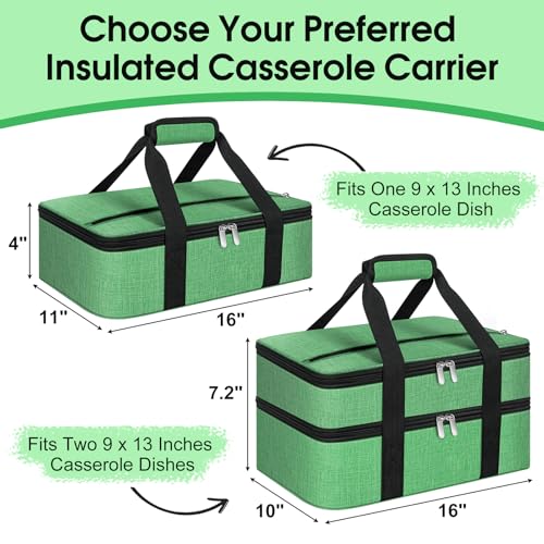 Insulated Casserole Carrier, Portable Casserole Carrier for Hot or Cold Food Lunch Tote Warmer or Cooler Bag, Lasagna Lunch Bag for Potluck Parties- Fits 9" x 13" Baking Dish-Green - color: Green, size: 16x10x4 in