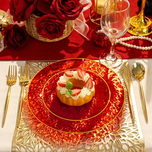 Rubtlamp 60 Pcs Red Plasitc Plates, Gold Red Disposable Plates, Fancy Party Plates, Hammered Plastic plates Include 30 Dessert Platos, 30 Dinner Platos for Party - color: Clear Red Gold