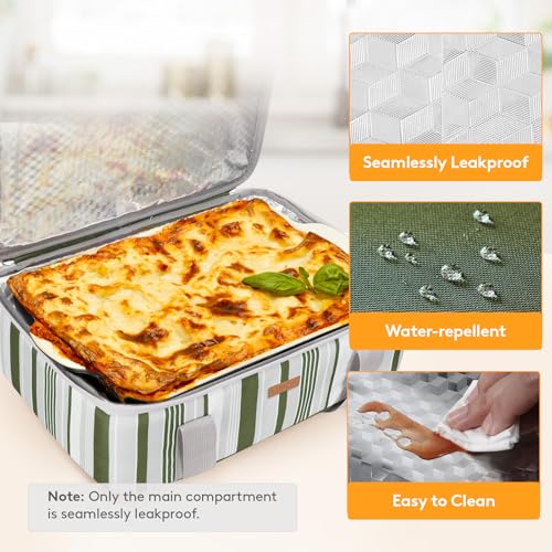 LUNCIA Insulated Single Decker Casserole Carrier, Lasagna Lugger Tote Keeps Food Hot or Cold, Thermal Lunch Bag for Potluck Parties, Picnic and Cookouts, Fits 9" x 13" Baking Dish, Dark Green - color: Dark Green, size: 15.7 x 11.4 x 4.7inch