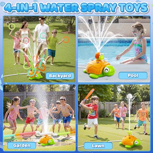 4-in-1 Turtle Water Sprinkler Toys for Kids - Summer Oudoor Toy with Baseball Ringtoss Tubes - Outside Yard Lawn Backyard Park Garden Pool Games for Age 3 4 5 6 7 8 Year Old Toddlers Boys Girls Gifts