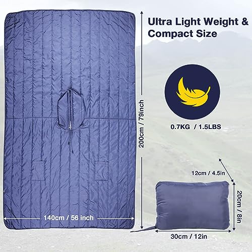 DUKUSEEK Outdoor Wearable Camping Blanket with Hood, Large Packable Backpacking Hooded Stadium Blankets, Lightweight Warm Quilt for Picnic, Hiking, Football, 79"X56" - color: Navy Blue - Wearable Camping Blanket