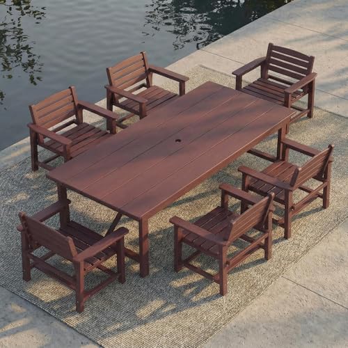 Outdoor HDPE Dining Set 7 Pieces, Patio Table with Umbrella Hole and 6 Chairs, All Weather Patio Furniture for Lawn, Garden, Backyard, Deck, Poolside, Outdoor Dining Table and Chairs, Coffee - color: Coffee, size: 7-Piece (1 Table + 6 Chairs)
