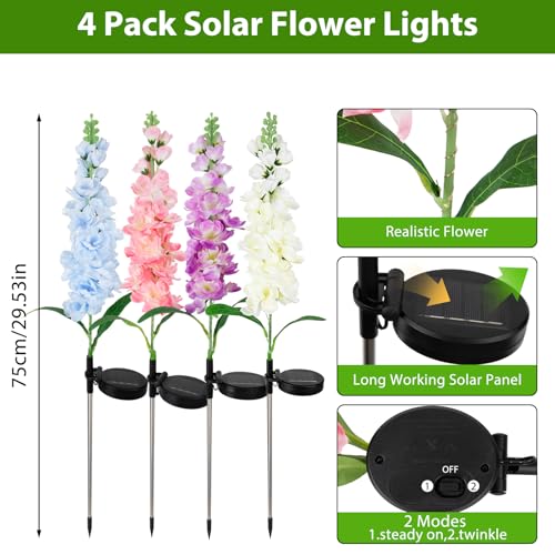 4 Pack Color Changing Solar Lights Outdoor Waterproof, Solar Delphinium Flower Stake Lights Auto ON/Off Solar Garden Lights for Spring Lawn Pathway Landscape Birthday Gifts for Mom Women Grandma - color: Delphinium Flowers