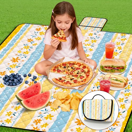 Extra Large Picnic Blanket Waterproof,80"x 80"Foldable Machine Washable Beach Blanket,Outdoor Blanket for 6-8 Adults,Suitable for Indoor Crawling,Park Beach,Camping,Hiking,Family Travel(Floral Print) - color: Yellow Flower, size: 6'8" x 6'8" (Square)
