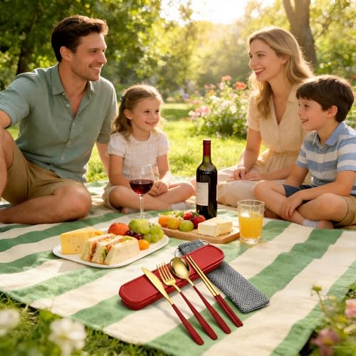 Portable Camping Utensil Set - 18/8 Stainless Steel Travel Silverware with Compact Case - Reusable Knife Fork Spoon Chopsticks Kit for Hiking, Picnic, Backpacking & Outdoor Eating (Gold Red) - color: Gold Red