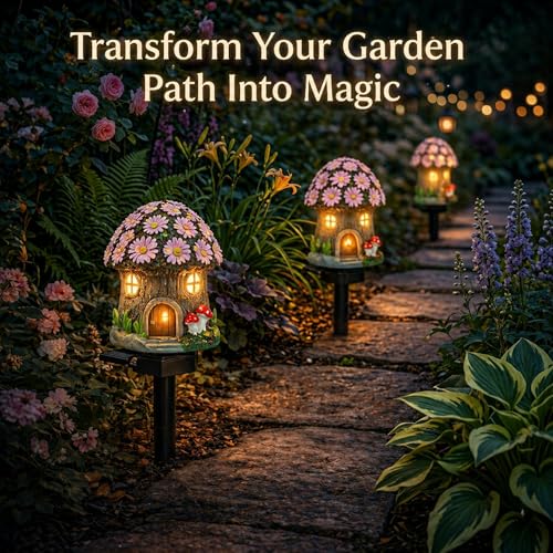 Solar Pink Floral Cottage Lights Outdoor, 2 Pack Waterproof Fairy Garden Pathway Lights, Hand-Painted Resin Flower House Decor for Yard Lawn Patio, Gift for Garden Lovers - style: Pink Floral Fairy Cottage